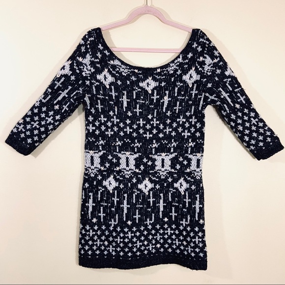 Free People Sustainable Black & White Wool Angola Blend Coop Neck Sweater Dress - Picture 11 of 16